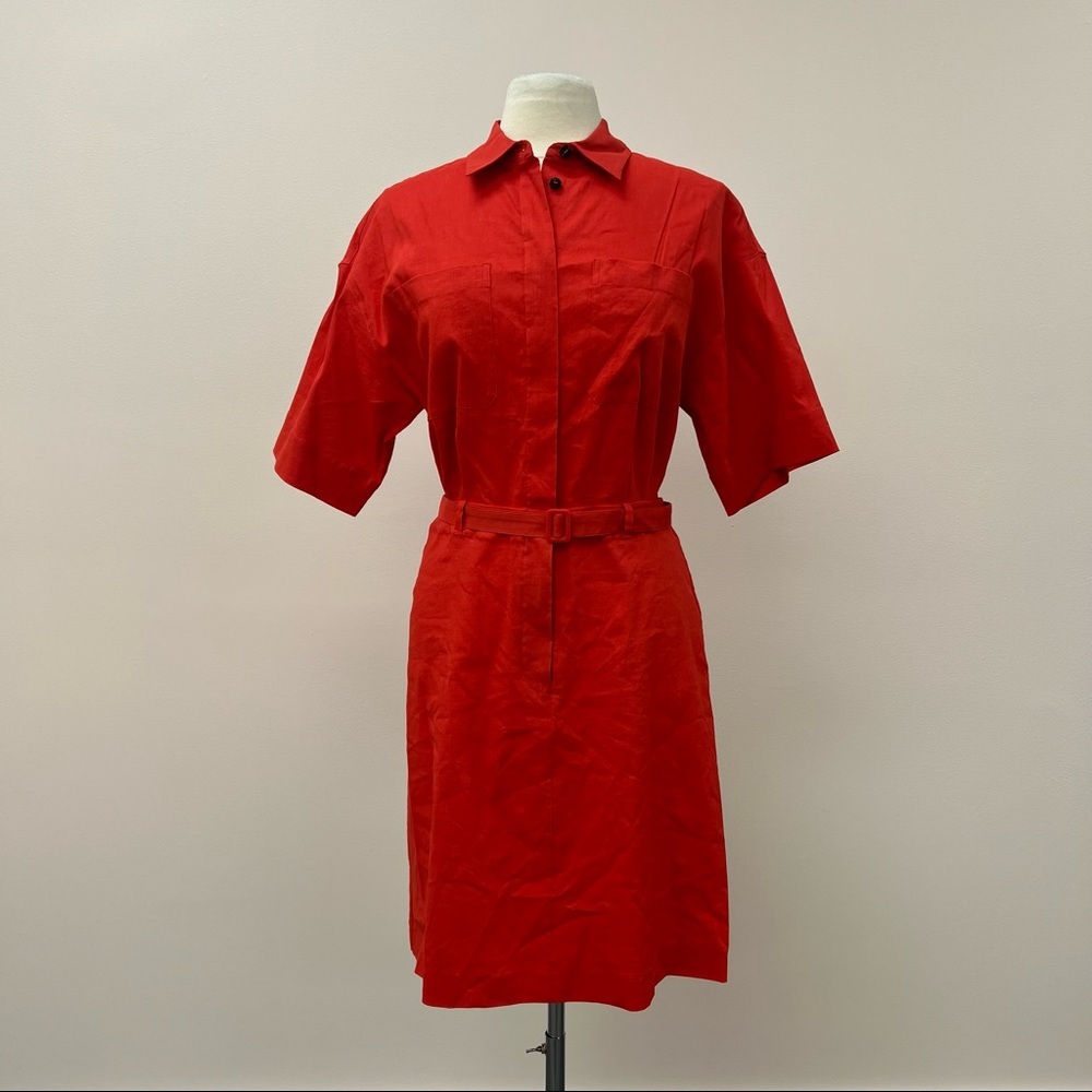 Theory Eco Crunch Belted Mini Shirtdress in Red (1/2)
